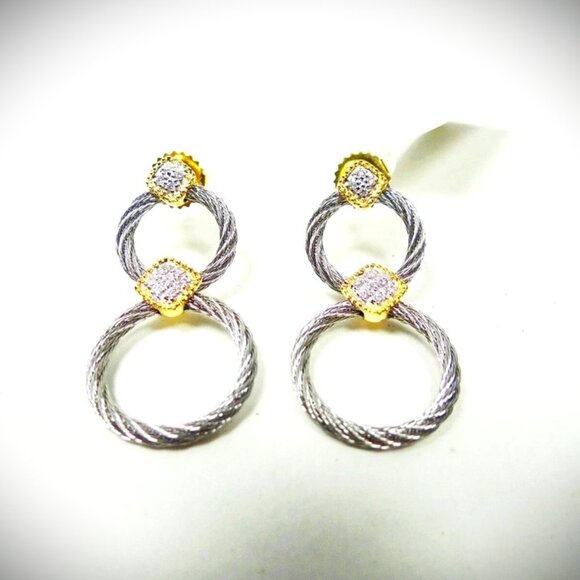 ALOR 18K Gold Stainless Steel Classique Diamond Pave Double Hoop Drop Earrings - Picture 3 of 10